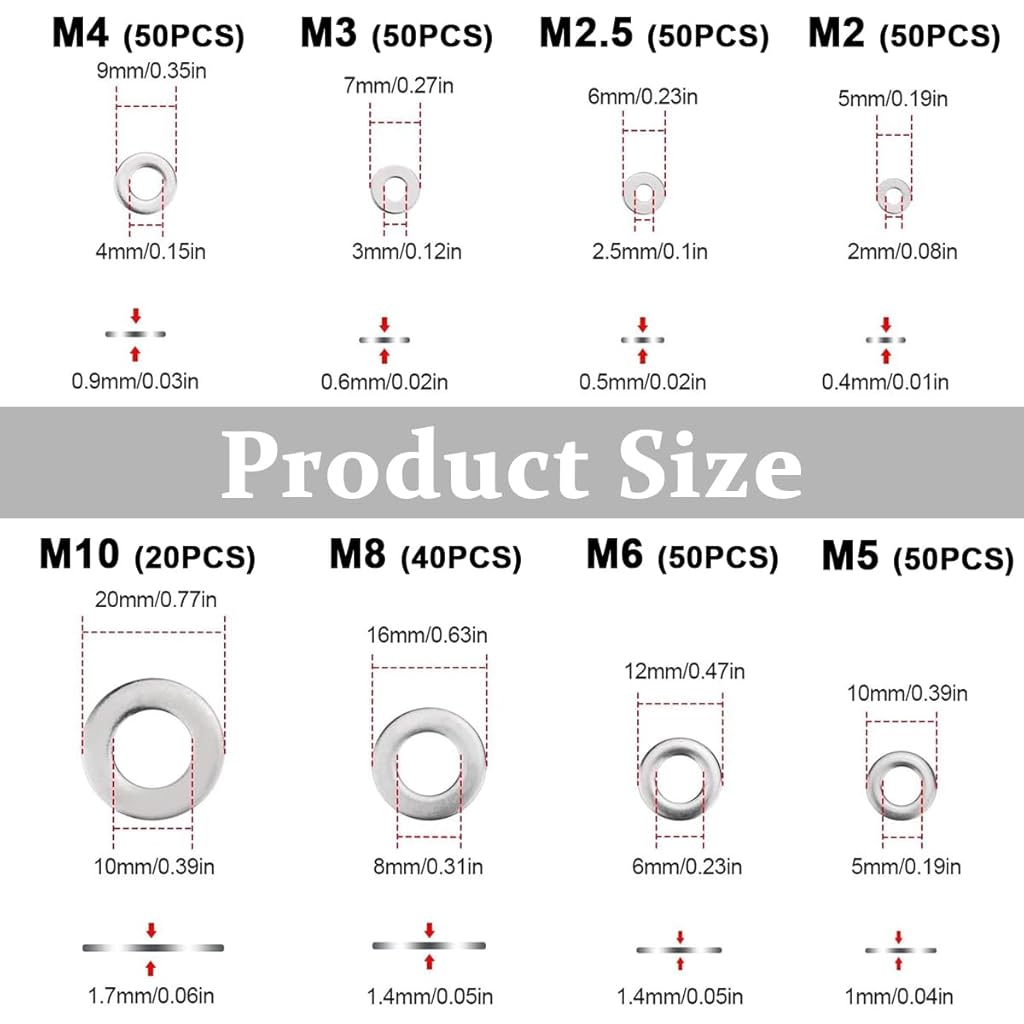 Serplex® 360PCS 304 Stainless Steel Flat Washers for Screws Bolts Fender Assortment Set Assorted Hardware Lock Metal Kit 9 Sizes M2 M2.5 M3 M4 M5 M6 M8 M10 Home Factories Repair Serplex® 360PCS 304 Stainless Steel Flat Washers for Screws Bolts Fender Assortment Set Assorted Hardware Lock Metal Kit 9 Sizes M2 M2.5 M3 M4 M5 M6 M8 M10 Home Factories Repair